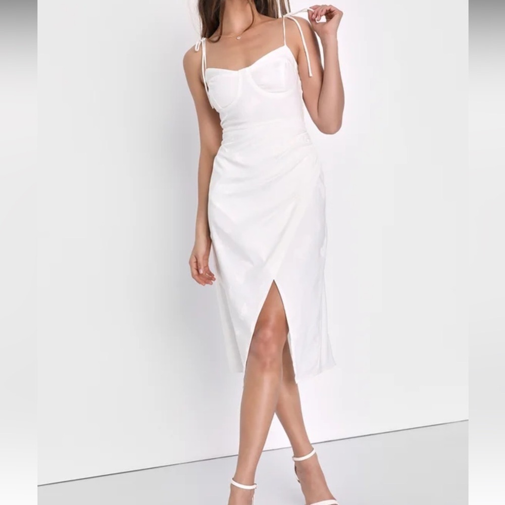 Lulu's Wishing on Love White Satin Butterfly Jacquard Tie-Strap Dress